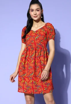 Digital Printed Pure Cotton Short Dress with Back Tie in Red