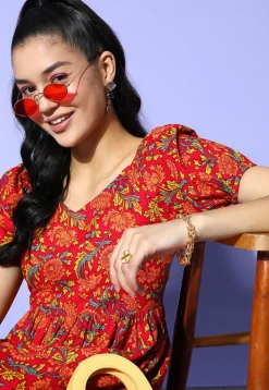 Digital Printed Pure Cotton Short Dress with Back Tie in Red