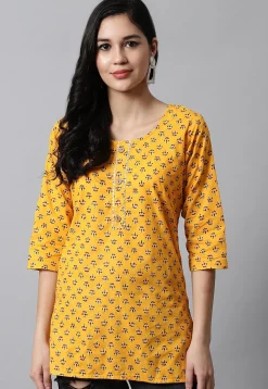 Digital Printed Pure Cotton Short Kurti in Yellow