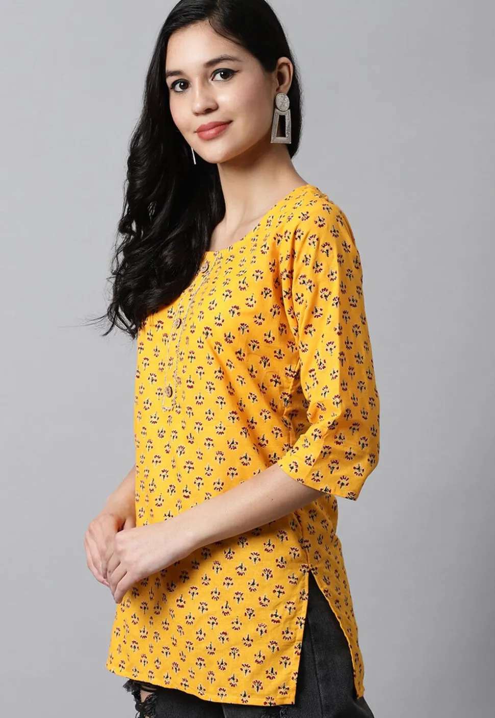 Digital Printed Pure Cotton Short Kurti in Yellow