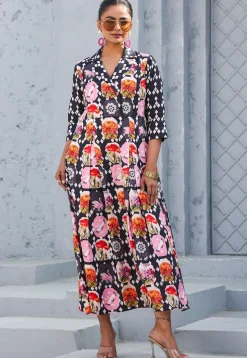 Digital Printed Pure Cotton A Line Dress in Black