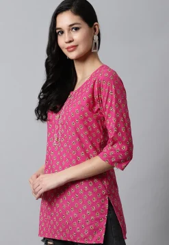 Digital Printed Pure Cotton Short Kurti in Pink