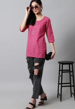 Digital Printed Pure Cotton Short Kurti in Pink