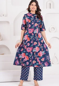 Digital Printed Pure Cotton A Line Kurta Set in Navy Blue