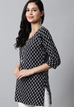 Digital Printed Pure Cotton Short Kurti in Black