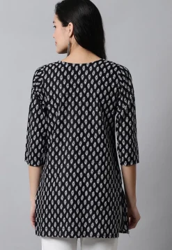Digital Printed Pure Cotton Short Kurti in Black