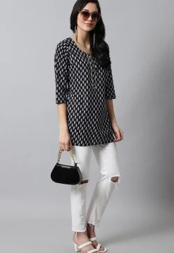 Digital Printed Pure Cotton Short Kurti in Black