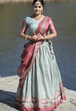 Digital Printed Pure Manipuri Silk Lehenga in Light Blue