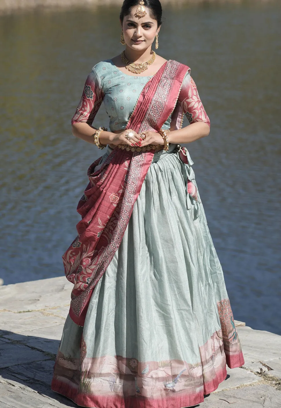 Digital Printed Pure Manipuri Silk Lehenga in Light Blue