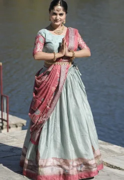 Digital Printed Pure Manipuri Silk Lehenga in Light Blue