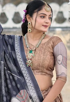 Digital Printed Pure Manipuri Silk Lehenga in Light Brown