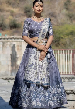 Digital Printed Pure Manipuri Silk Lehenga in Grey