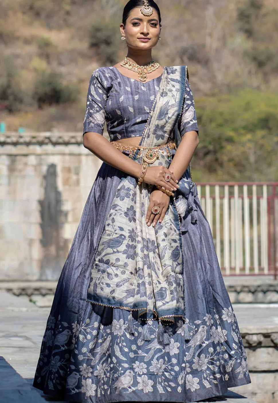 Digital Printed Pure Manipuri Silk Lehenga in Grey