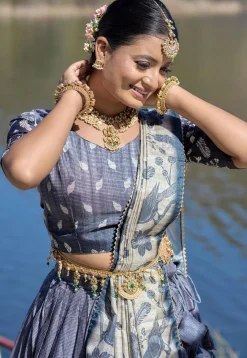 Digital Printed Pure Manipuri Silk Lehenga in Grey