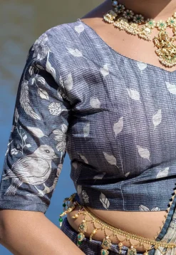 Digital Printed Pure Manipuri Silk Lehenga in Grey