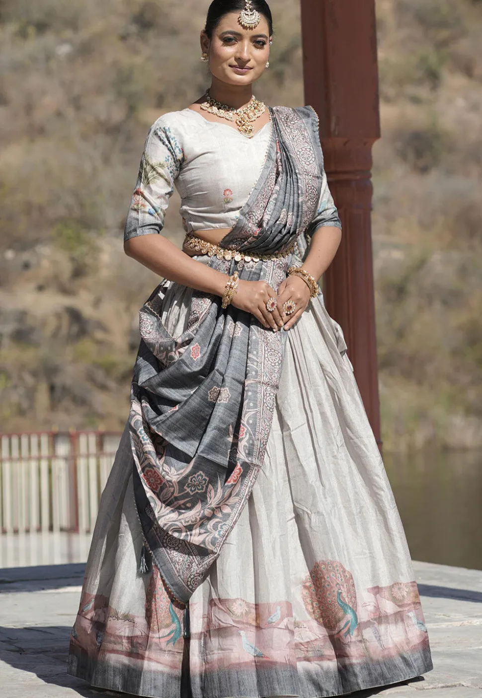 Digital Printed Pure Manipuri Silk Lehenga in Off White