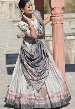 Digital Printed Pure Manipuri Silk Lehenga in Off White