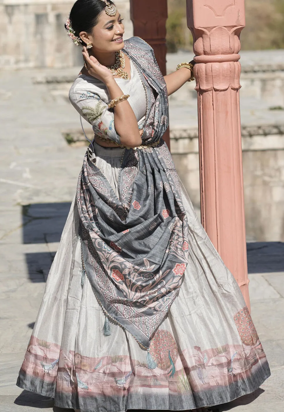 Digital Printed Pure Manipuri Silk Lehenga in Off White