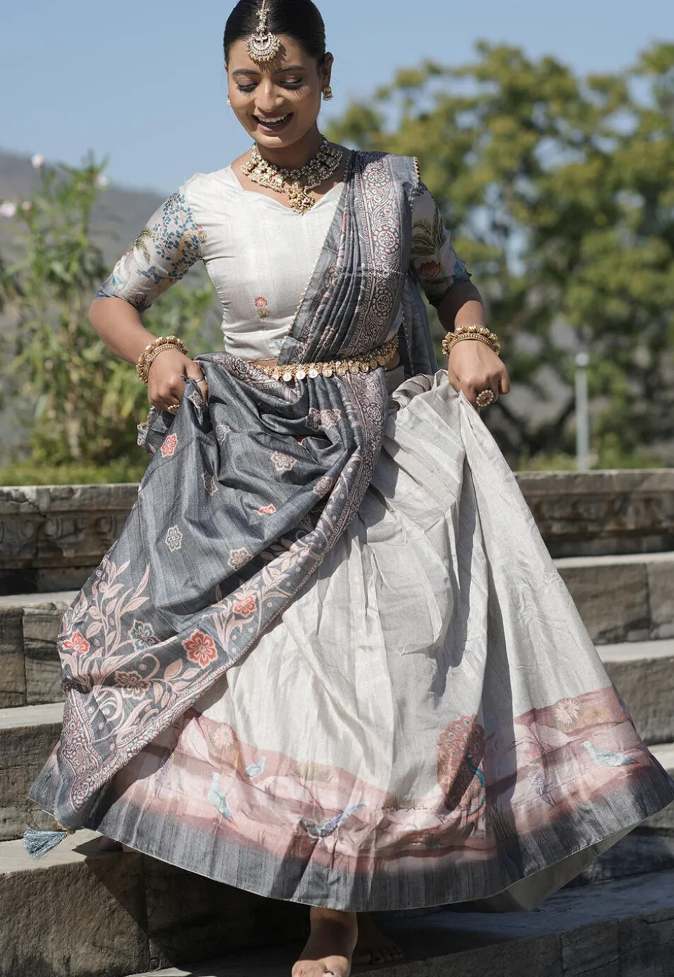 Digital Printed Pure Manipuri Silk Lehenga in Off White