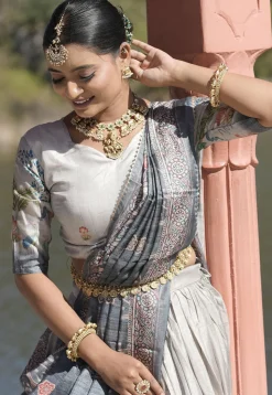 Digital Printed Pure Manipuri Silk Lehenga in Off White