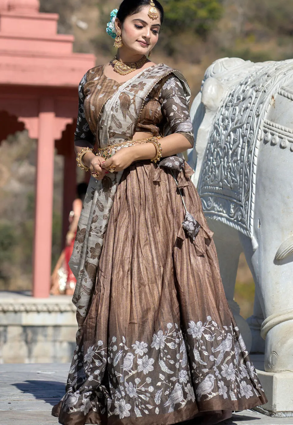 Digital Printed Pure Manipuri Silk Lehenga in Brown