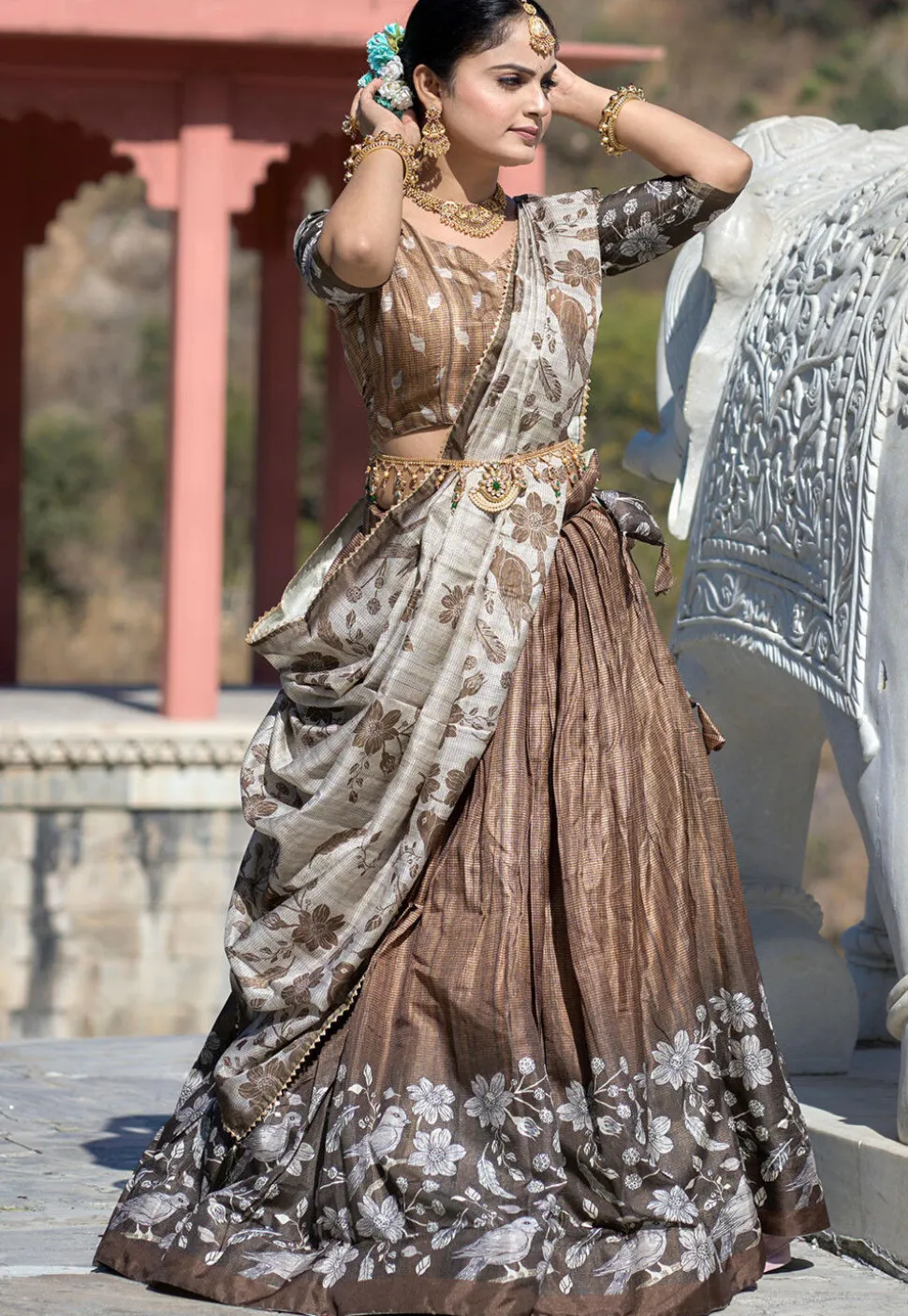 Digital Printed Pure Manipuri Silk Lehenga in Brown