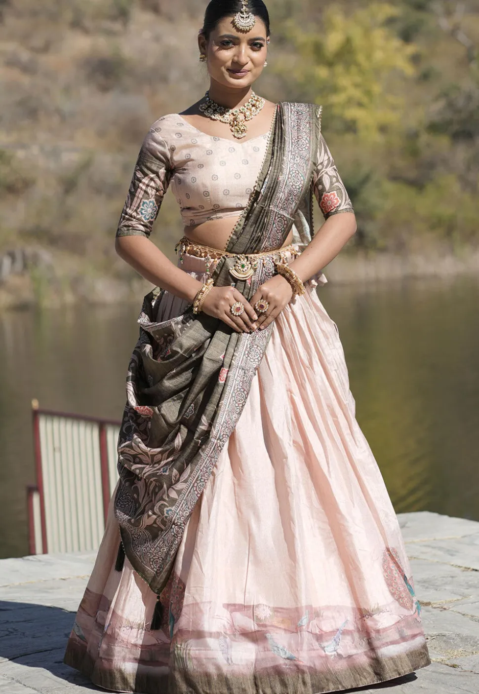 Digital Printed Pure Manipuri Silk Lehenga in Peach