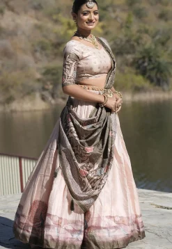 Digital Printed Pure Manipuri Silk Lehenga in Peach