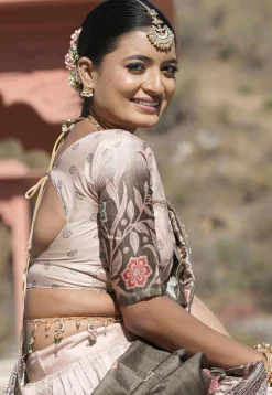 Digital Printed Pure Manipuri Silk Lehenga in Peach