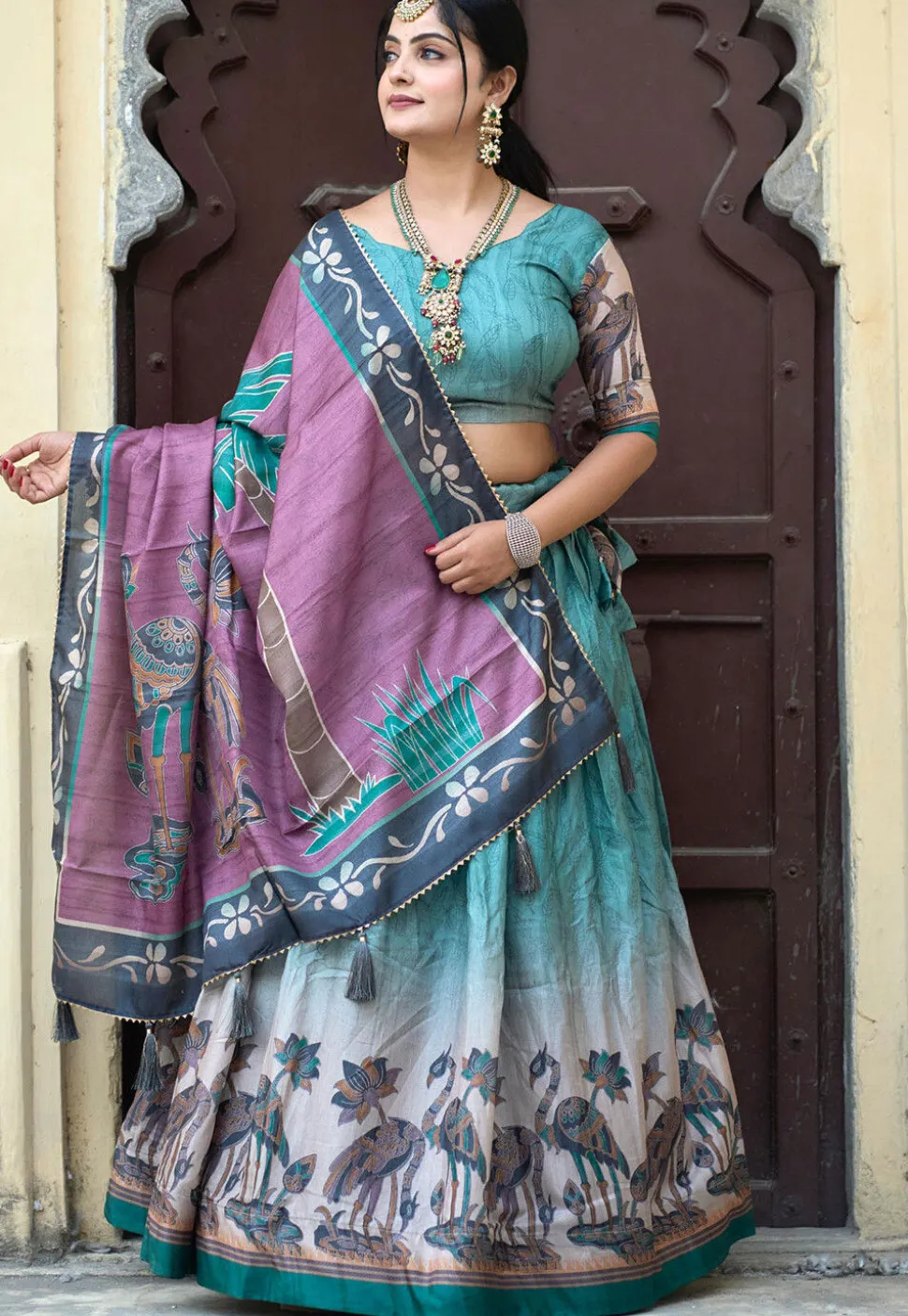 Digital Printed Pure Manipuri Silk Lehenga in Light Teal Blue