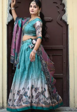 Digital Printed Pure Manipuri Silk Lehenga in Light Teal Blue