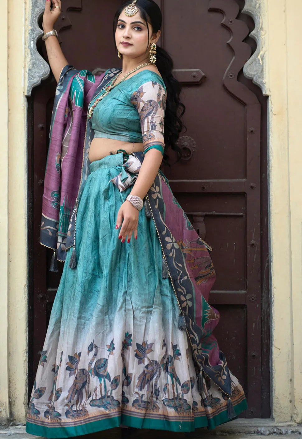 Digital Printed Pure Manipuri Silk Lehenga in Light Teal Blue