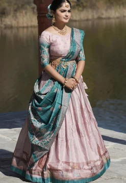 Digital Printed Pure Manipuri Silk Lehenga in Peach