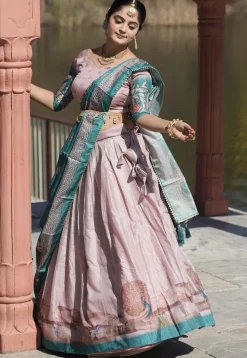 Digital Printed Pure Manipuri Silk Lehenga in Peach