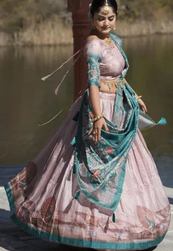 Digital Printed Pure Manipuri Silk Lehenga in Peach