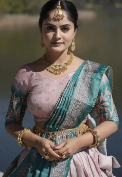 Digital Printed Pure Manipuri Silk Lehenga in Peach