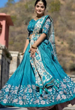 Digital Printed Pure Manipuri Silk Lehenga in Teal Blue