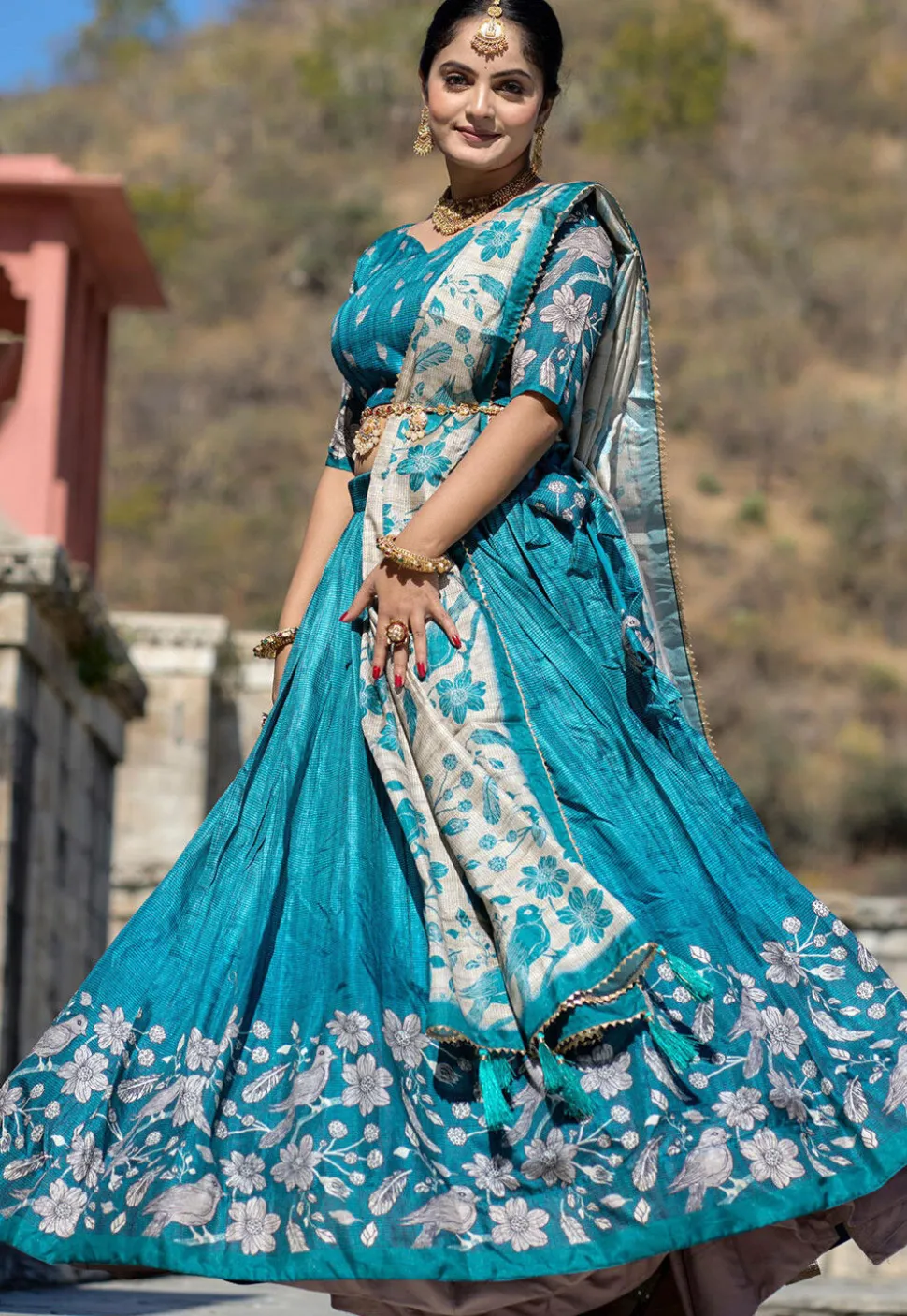 Digital Printed Pure Manipuri Silk Lehenga in Teal Blue