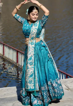 Digital Printed Pure Manipuri Silk Lehenga in Teal Blue