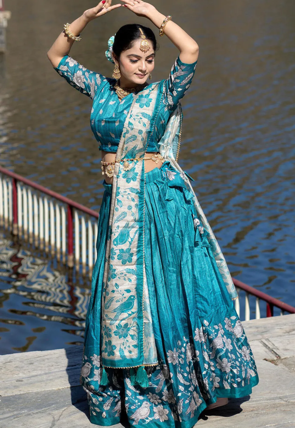 Digital Printed Pure Manipuri Silk Lehenga in Teal Blue