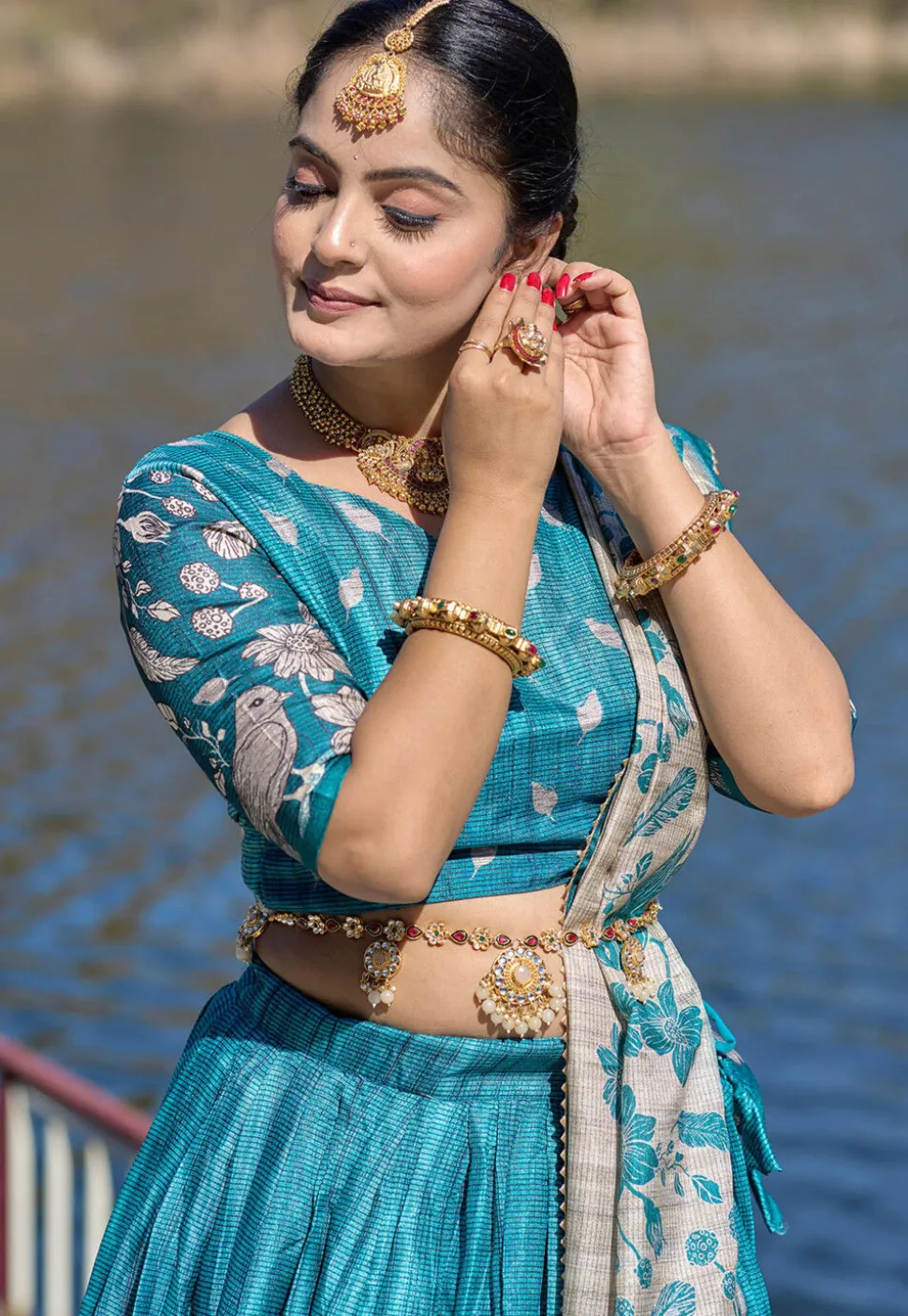 Digital Printed Pure Manipuri Silk Lehenga in Teal Blue