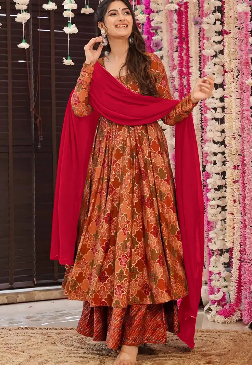 Digital Printed Pure Muslin Silk A Line Suit in Peach and Multicolor