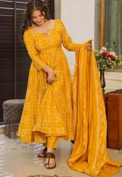 Digital Printed Pure Muslin Silk A Line Suit in Mustard