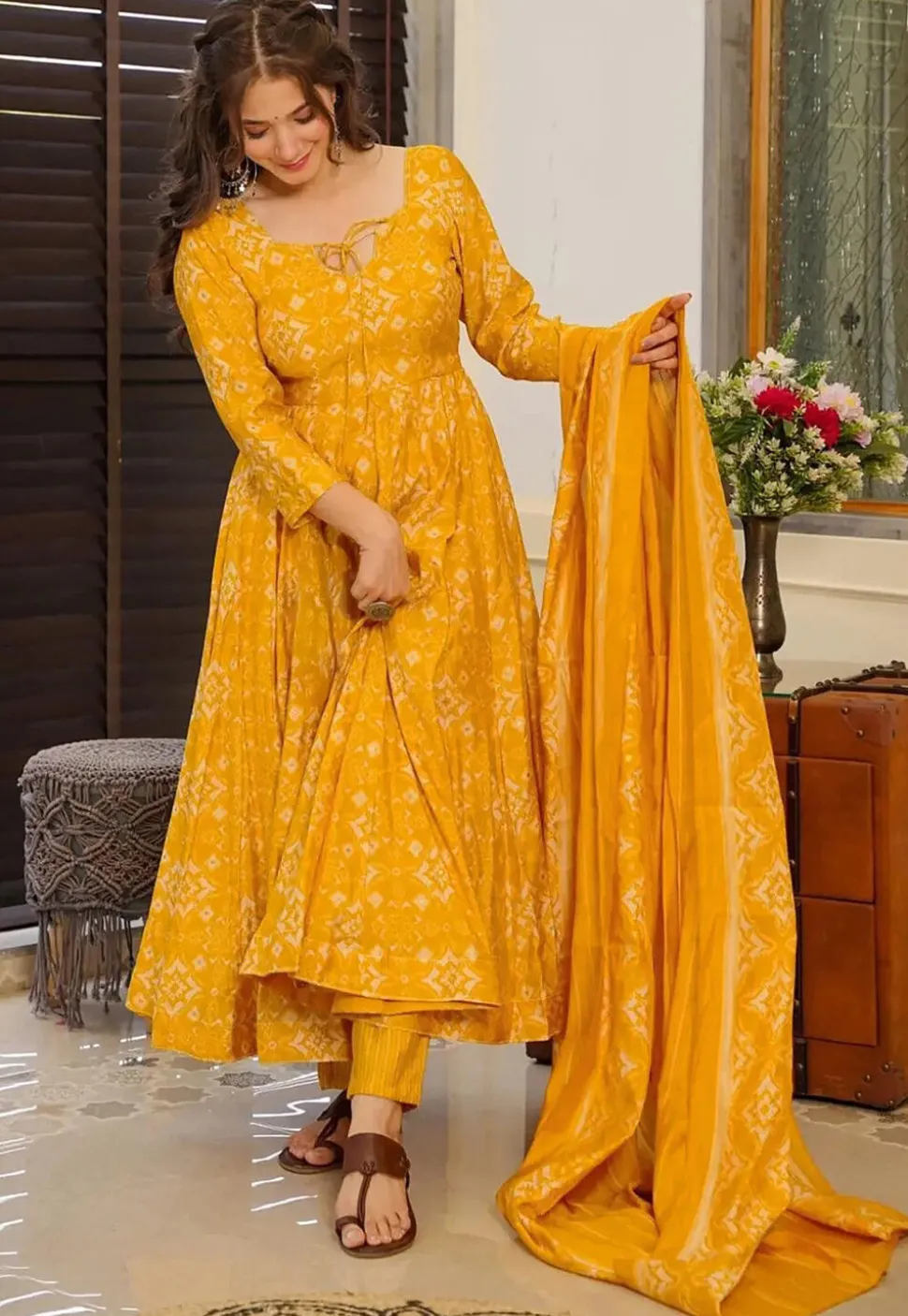 Digital Printed Pure Muslin Silk A Line Suit in Mustard