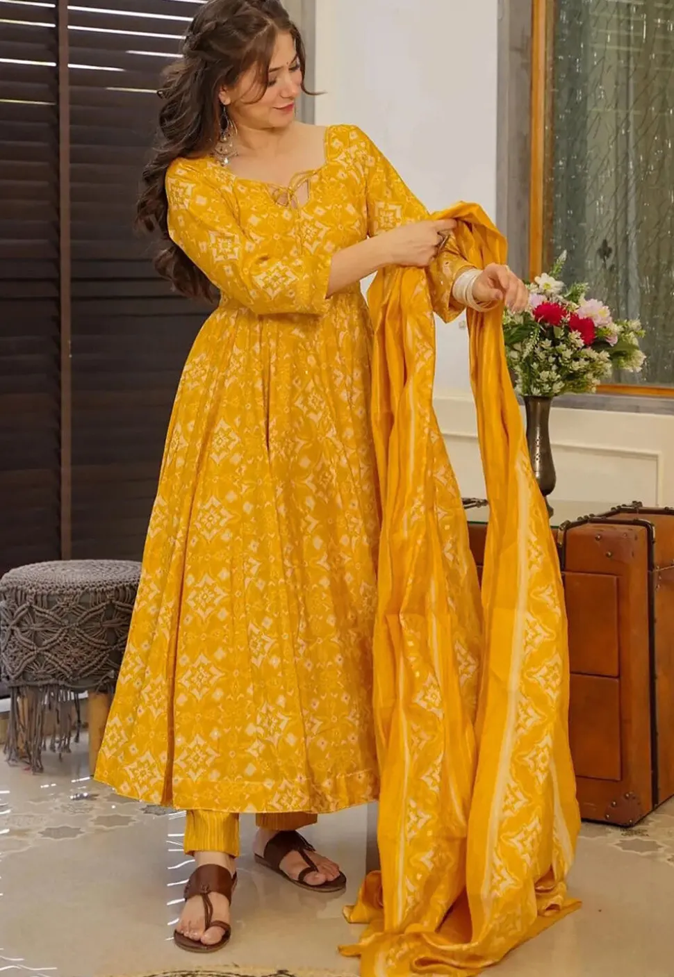 Digital Printed Pure Muslin Silk A Line Suit in Mustard