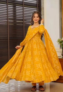 Digital Printed Pure Muslin Silk A Line Suit in Mustard
