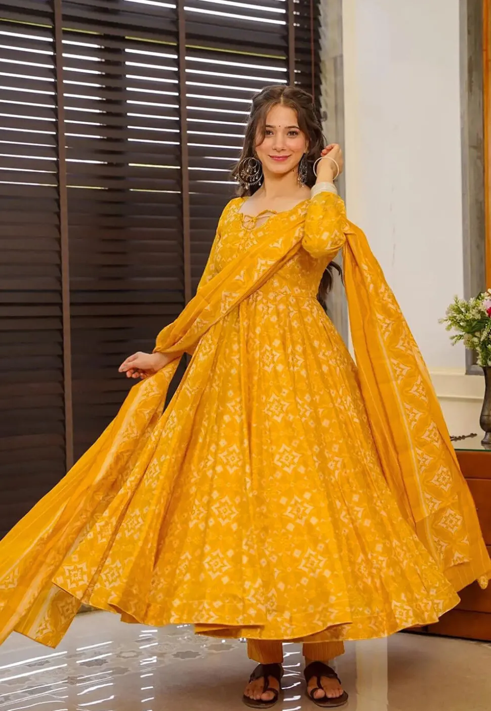Digital Printed Pure Muslin Silk A Line Suit in Mustard