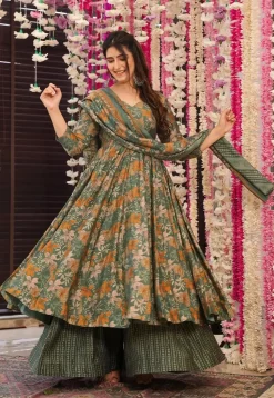 Digital Printed Pure Muslin Silk A Line Suit in Dark Green