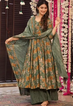Digital Printed Pure Muslin Silk A Line Suit in Dark Green