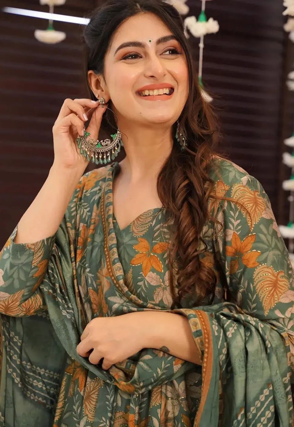 Digital Printed Pure Muslin Silk A Line Suit in Dark Green